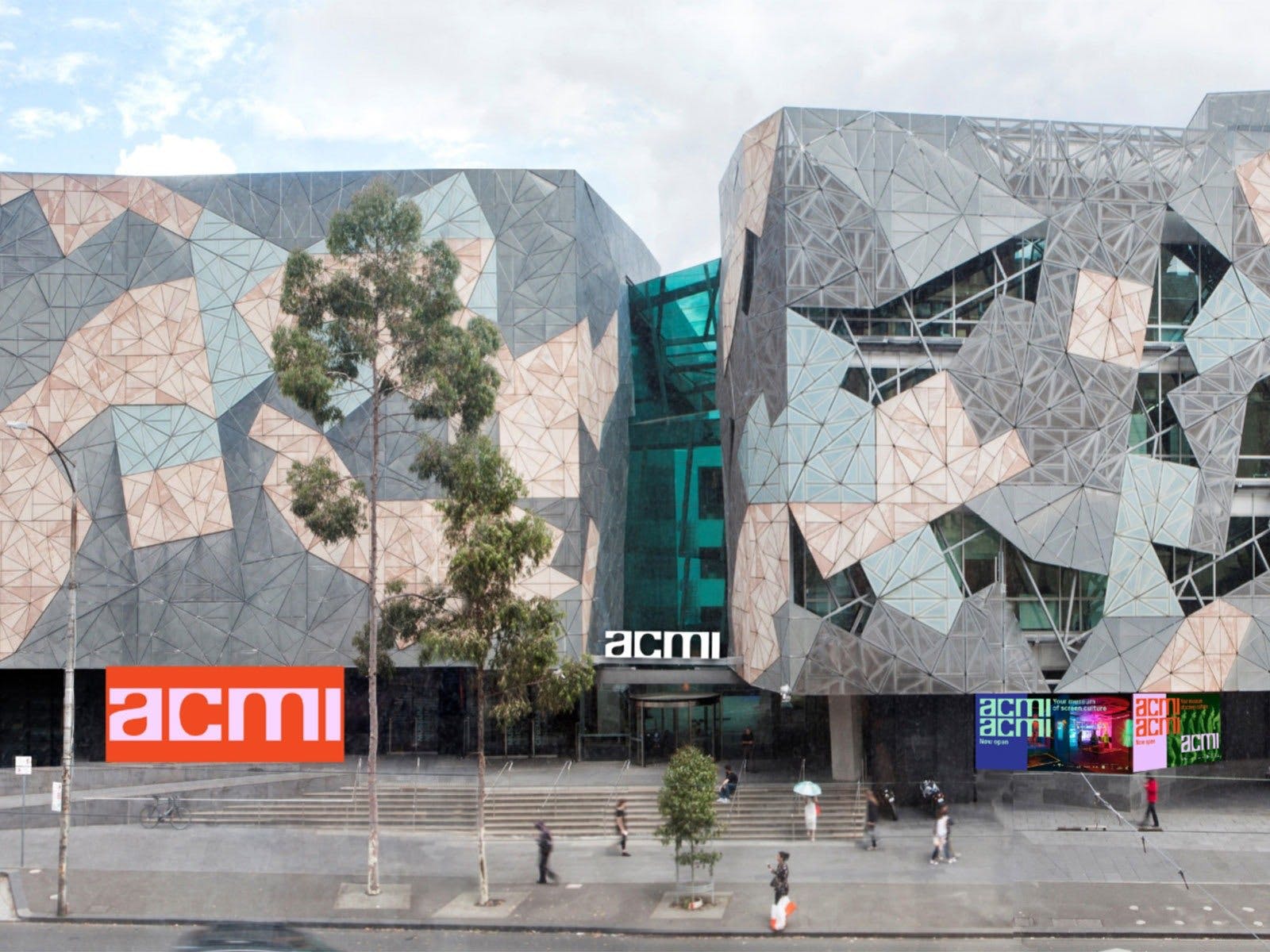 A building with signage and people walking past
